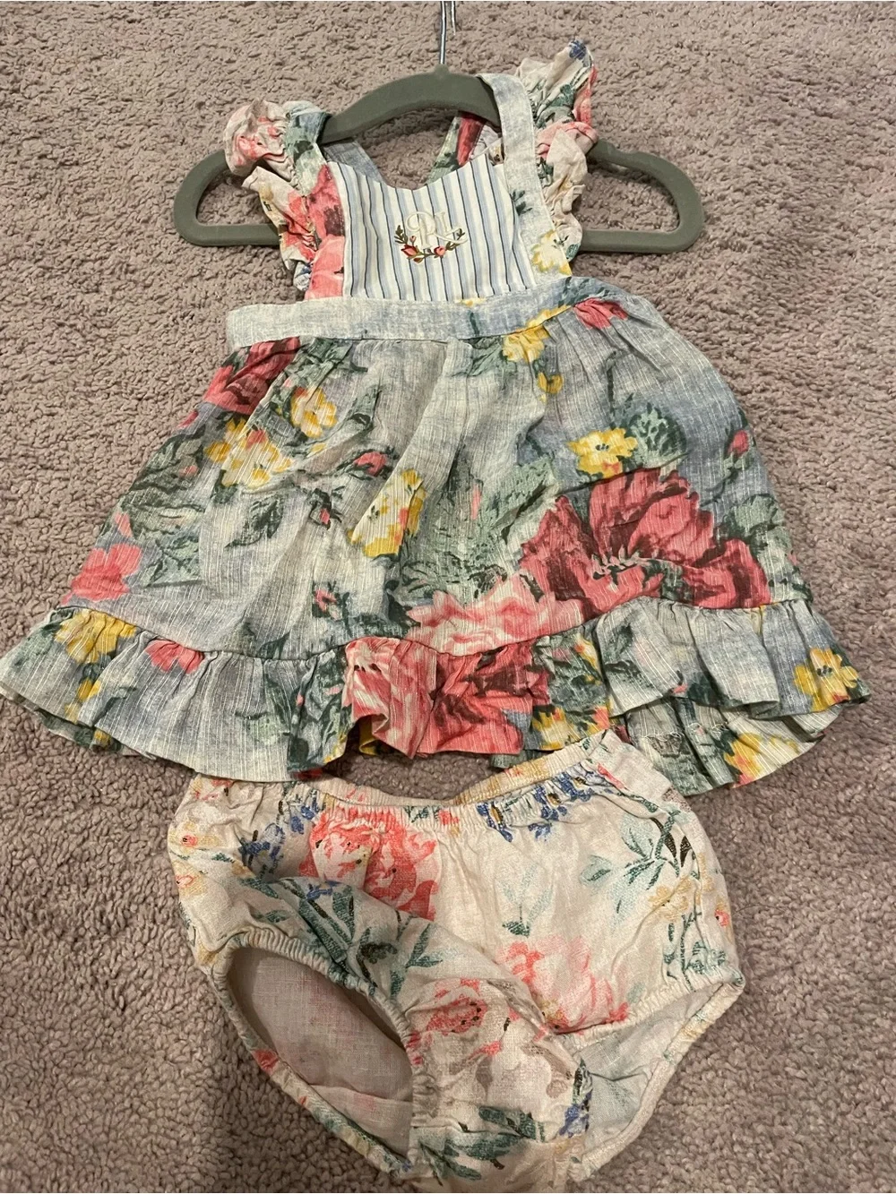 Ralph Lauren Floral Ruffle Baby Dress & Bloomers - Pink, Yellow & Green